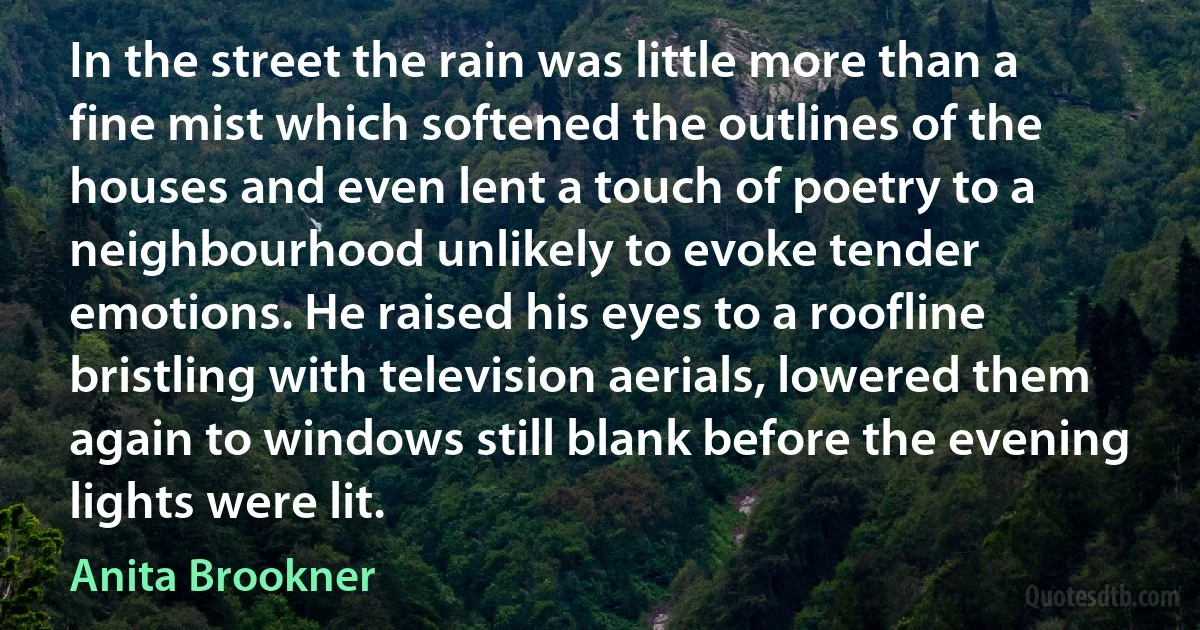 In the street the rain was little more than a fine mist which softened the outlines of the houses and even lent a touch of poetry to a neighbourhood unlikely to evoke tender emotions. He raised his eyes to a roofline bristling with television aerials, lowered them again to windows still blank before the evening lights were lit. (Anita Brookner)