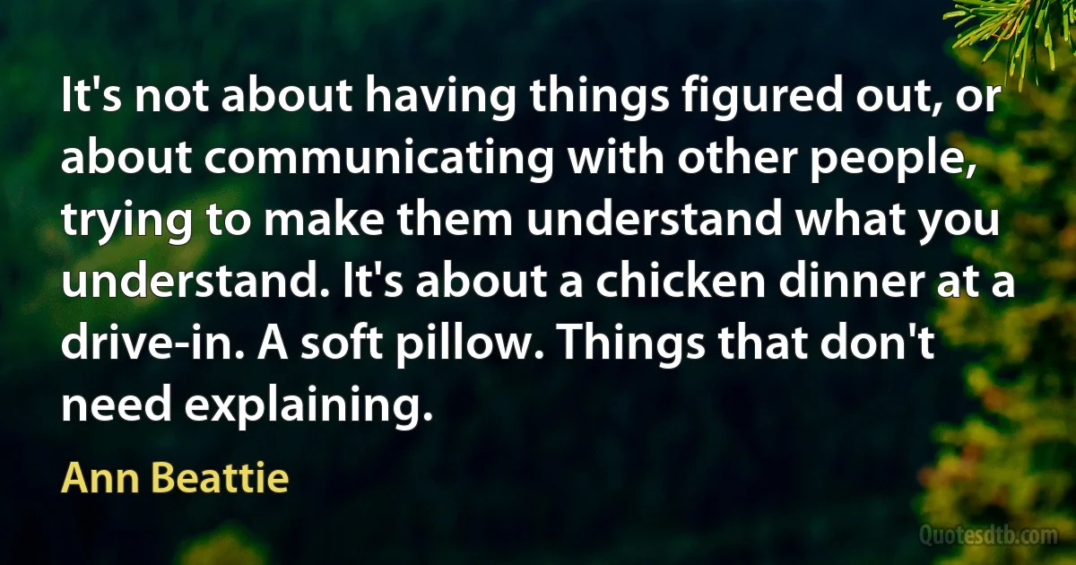 It's not about having things figured out, or about communicating with other people, trying to make them understand what you understand. It's about a chicken dinner at a drive-in. A soft pillow. Things that don't need explaining. (Ann Beattie)