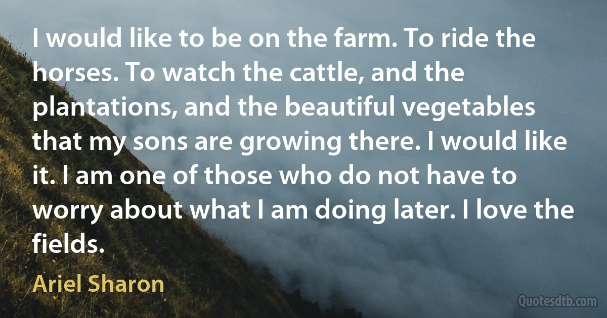 I would like to be on the farm. To ride the horses. To watch the cattle, and the plantations, and the beautiful vegetables that my sons are growing there. I would like it. I am one of those who do not have to worry about what I am doing later. I love the fields. (Ariel Sharon)