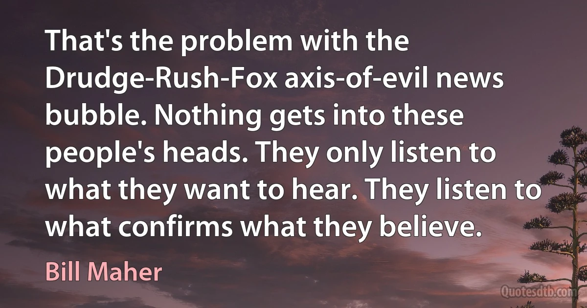 That's the problem with the Drudge-Rush-Fox axis-of-evil news bubble. Nothing gets into these people's heads. They only listen to what they want to hear. They listen to what confirms what they believe. (Bill Maher)