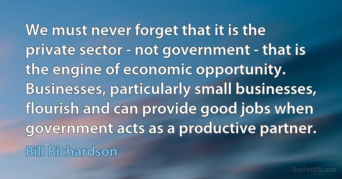 We must never forget that it is the private sector - not government - that is the engine of economic opportunity. Businesses, particularly small businesses, flourish and can provide good jobs when government acts as a productive partner. (Bill Richardson)