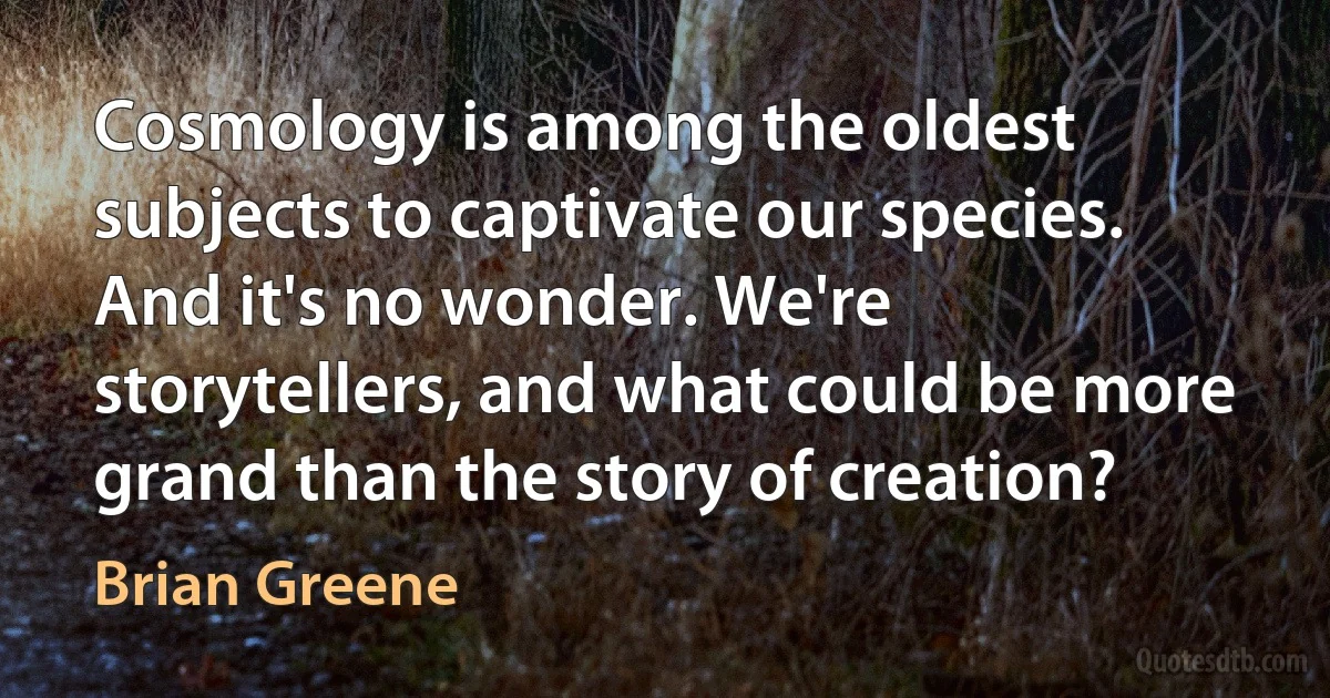 Cosmology is among the oldest subjects to captivate our species. And it's no wonder. We're storytellers, and what could be more grand than the story of creation? (Brian Greene)