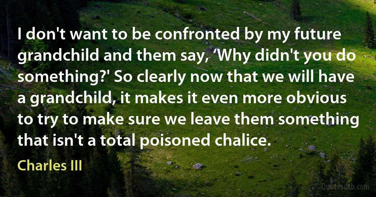 I don't want to be confronted by my future grandchild and them say, ‘Why didn't you do something?' So clearly now that we will have a grandchild, it makes it even more obvious to try to make sure we leave them something that isn't a total poisoned chalice. (Charles III)