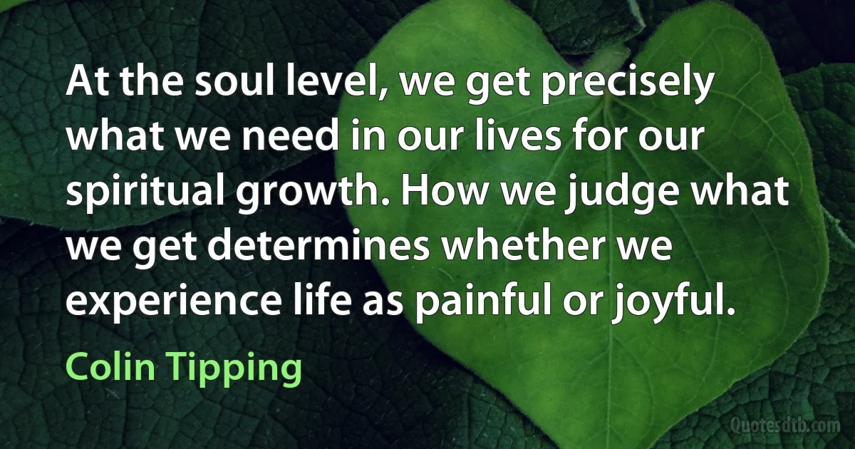 At the soul level, we get precisely what we need in our lives for our spiritual growth. How we judge what we get determines whether we experience life as painful or joyful. (Colin Tipping)