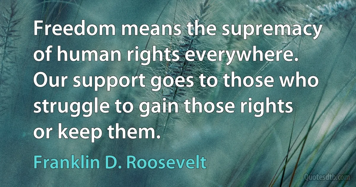 Freedom means the supremacy of human rights everywhere. Our support goes to those who struggle to gain those rights or keep them. (Franklin D. Roosevelt)