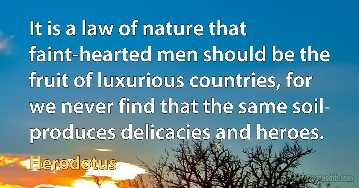 It is a law of nature that faint-hearted men should be the fruit of luxurious countries, for we never find that the same soil produces delicacies and heroes. (Herodotus)