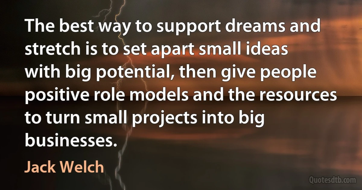 The best way to support dreams and stretch is to set apart small ideas with big potential, then give people positive role models and the resources to turn small projects into big businesses. (Jack Welch)