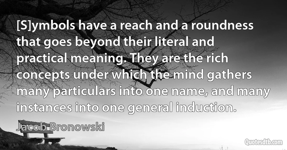 [S]ymbols have a reach and a roundness that goes beyond their literal and practical meaning. They are the rich concepts under which the mind gathers many particulars into one name, and many instances into one general induction. (Jacob Bronowski)