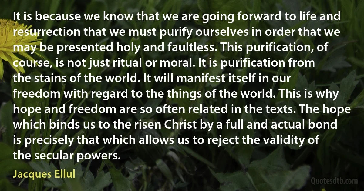 It is because we know that we are going forward to life and resurrection that we must purify ourselves in order that we may be presented holy and faultless. This purification, of course, is not just ritual or moral. It is purification from the stains of the world. It will manifest itself in our freedom with regard to the things of the world. This is why hope and freedom are so often related in the texts. The hope which binds us to the risen Christ by a full and actual bond is precisely that which allows us to reject the validity of the secular powers. (Jacques Ellul)