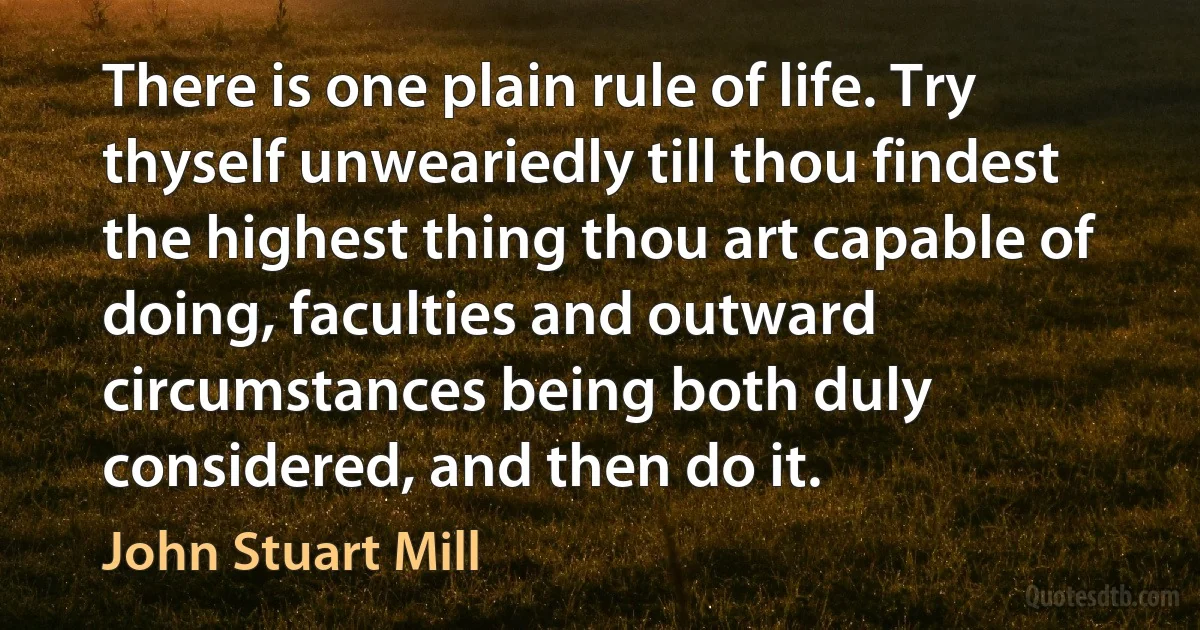 There is one plain rule of life. Try thyself unweariedly till thou findest the highest thing thou art capable of doing, faculties and outward circumstances being both duly considered, and then do it. (John Stuart Mill)