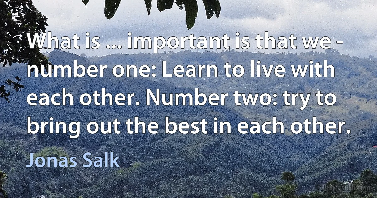 What is ... important is that we - number one: Learn to live with each other. Number two: try to bring out the best in each other. (Jonas Salk)