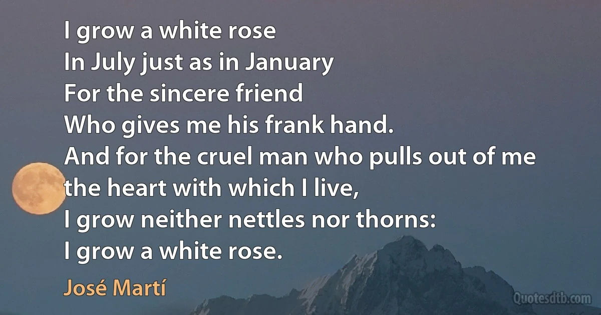 I grow a white rose
In July just as in January
For the sincere friend
Who gives me his frank hand.
And for the cruel man who pulls out of me
the heart with which I live,
I grow neither nettles nor thorns:
I grow a white rose. (José Martí)