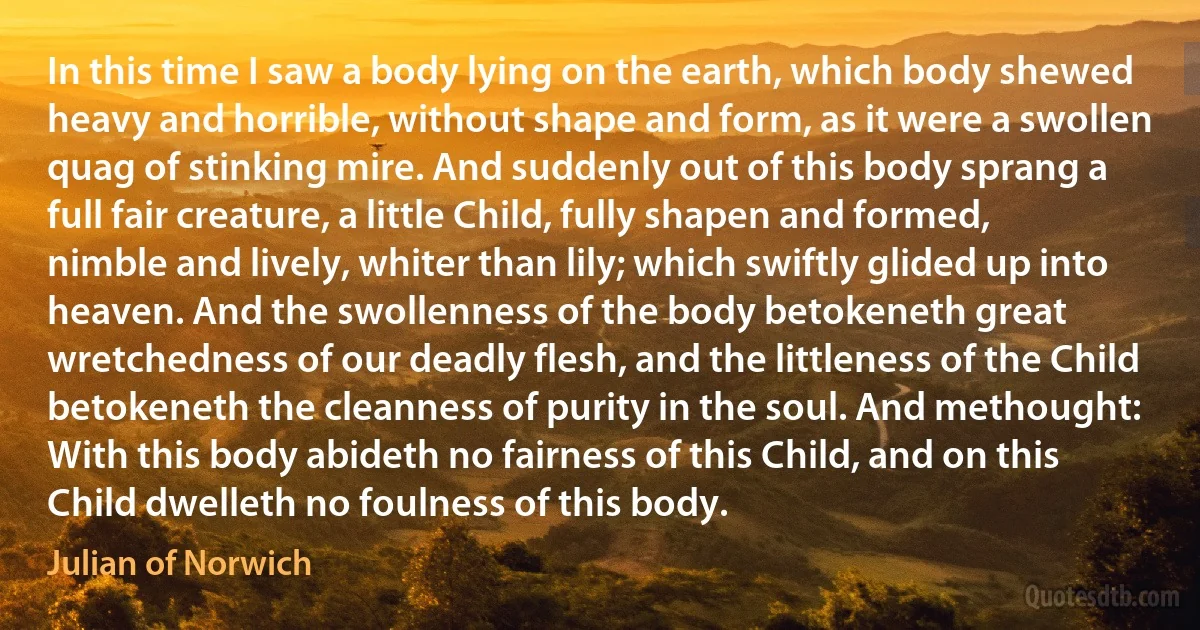 In this time I saw a body lying on the earth, which body shewed heavy and horrible, without shape and form, as it were a swollen quag of stinking mire. And suddenly out of this body sprang a full fair creature, a little Child, fully shapen and formed, nimble and lively, whiter than lily; which swiftly glided up into heaven. And the swollenness of the body betokeneth great wretchedness of our deadly flesh, and the littleness of the Child betokeneth the cleanness of purity in the soul. And methought: With this body abideth no fairness of this Child, and on this Child dwelleth no foulness of this body. (Julian of Norwich)