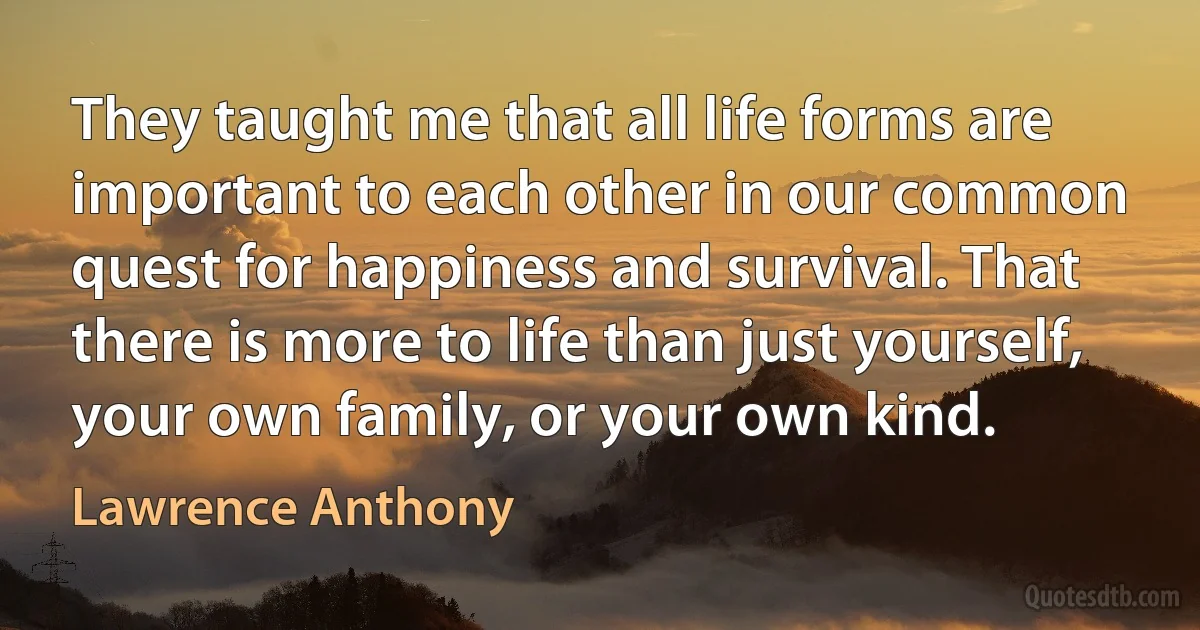 They taught me that all life forms are important to each other in our common quest for happiness and survival. That there is more to life than just yourself, your own family, or your own kind. (Lawrence Anthony)