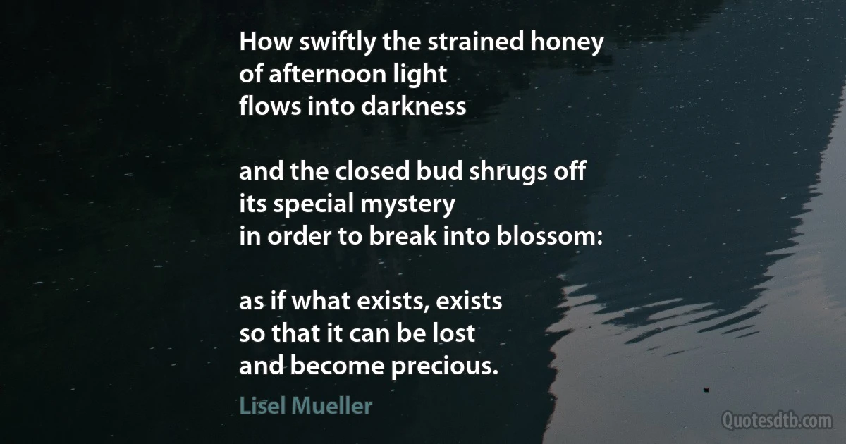 How swiftly the strained honey
of afternoon light
flows into darkness

and the closed bud shrugs off
its special mystery
in order to break into blossom:

as if what exists, exists
so that it can be lost
and become precious. (Lisel Mueller)