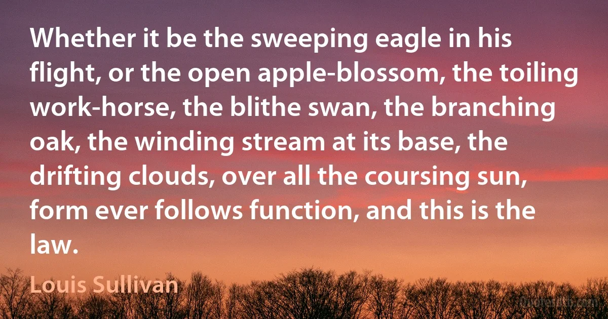 Whether it be the sweeping eagle in his flight, or the open apple-blossom, the toiling work-horse, the blithe swan, the branching oak, the winding stream at its base, the drifting clouds, over all the coursing sun, form ever follows function, and this is the law. (Louis Sullivan)