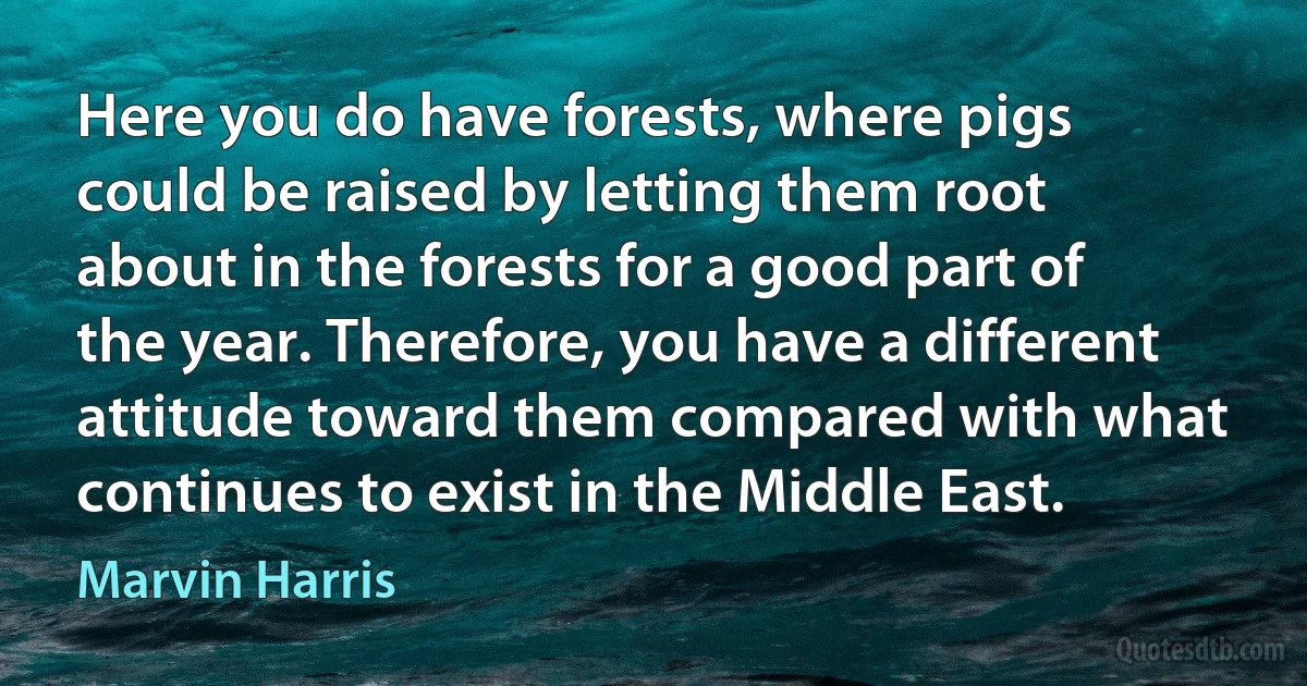 Here you do have forests, where pigs could be raised by letting them root about in the forests for a good part of the year. Therefore, you have a different attitude toward them compared with what continues to exist in the Middle East. (Marvin Harris)