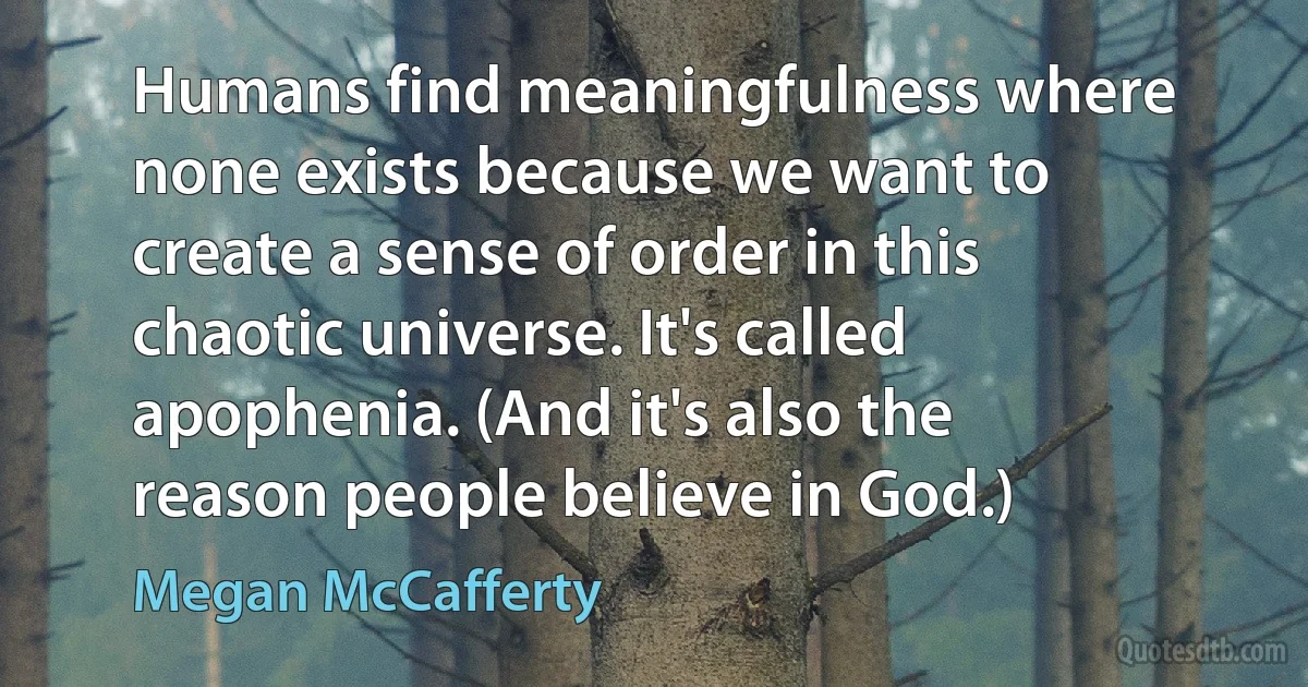 Humans find meaningfulness where none exists because we want to create a sense of order in this chaotic universe. It's called apophenia. (And it's also the reason people believe in God.) (Megan McCafferty)