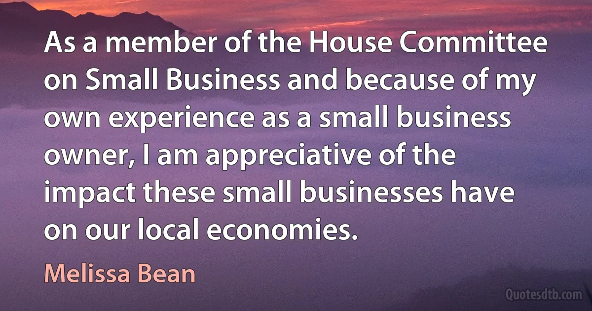 As a member of the House Committee on Small Business and because of my own experience as a small business owner, I am appreciative of the impact these small businesses have on our local economies. (Melissa Bean)