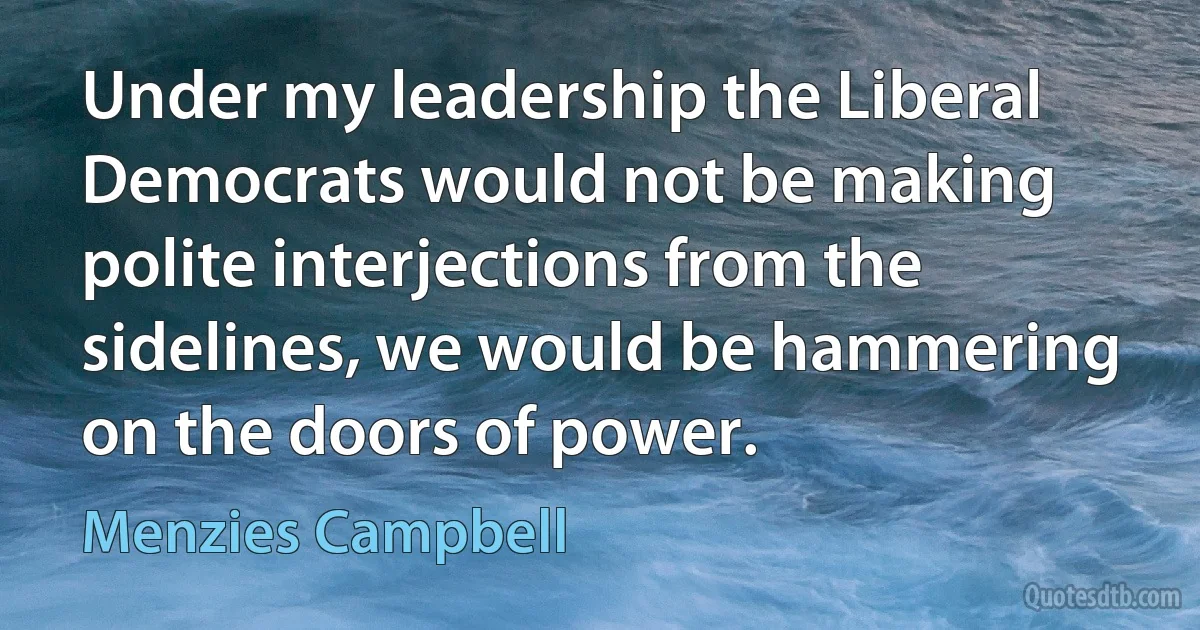 Under my leadership the Liberal Democrats would not be making polite interjections from the sidelines, we would be hammering on the doors of power. (Menzies Campbell)