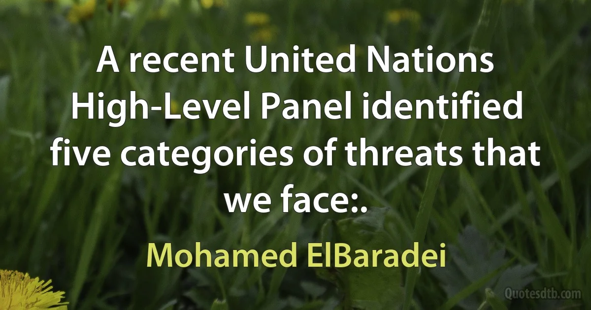 A recent United Nations High-Level Panel identified five categories of threats that we face:. (Mohamed ElBaradei)