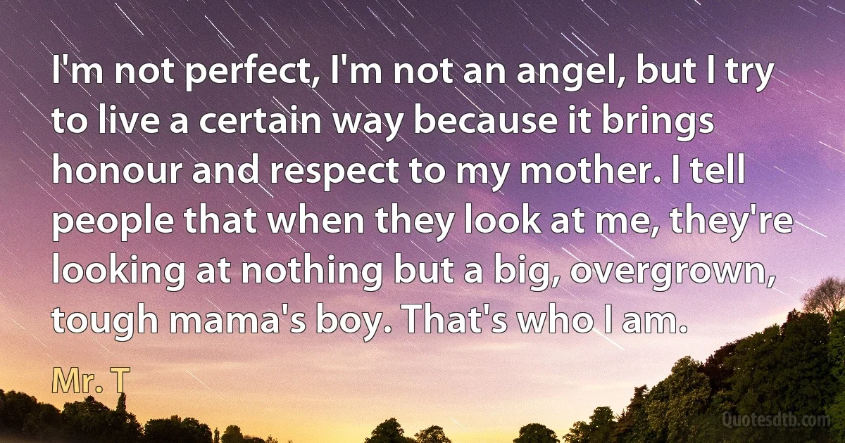 I'm not perfect, I'm not an angel, but I try to live a certain way because it brings honour and respect to my mother. I tell people that when they look at me, they're looking at nothing but a big, overgrown, tough mama's boy. That's who I am. (Mr. T)