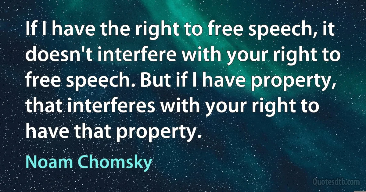 If I have the right to free speech, it doesn't interfere with your right to free speech. But if I have property, that interferes with your right to have that property. (Noam Chomsky)