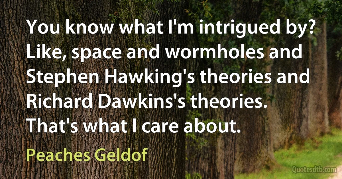 You know what I'm intrigued by? Like, space and wormholes and Stephen Hawking's theories and Richard Dawkins's theories. That's what I care about. (Peaches Geldof)