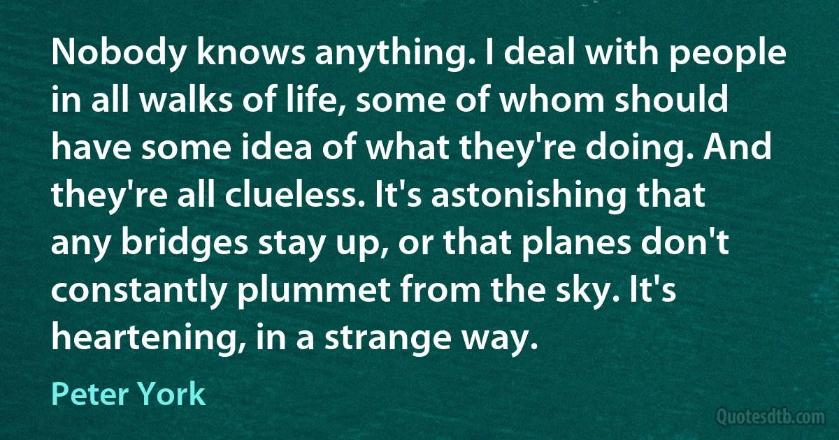 Nobody knows anything. I deal with people in all walks of life, some of whom should have some idea of what they're doing. And they're all clueless. It's astonishing that any bridges stay up, or that planes don't constantly plummet from the sky. It's heartening, in a strange way. (Peter York)