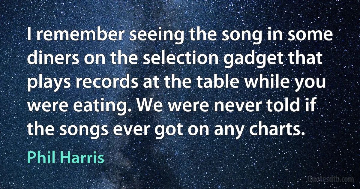 I remember seeing the song in some diners on the selection gadget that plays records at the table while you were eating. We were never told if the songs ever got on any charts. (Phil Harris)