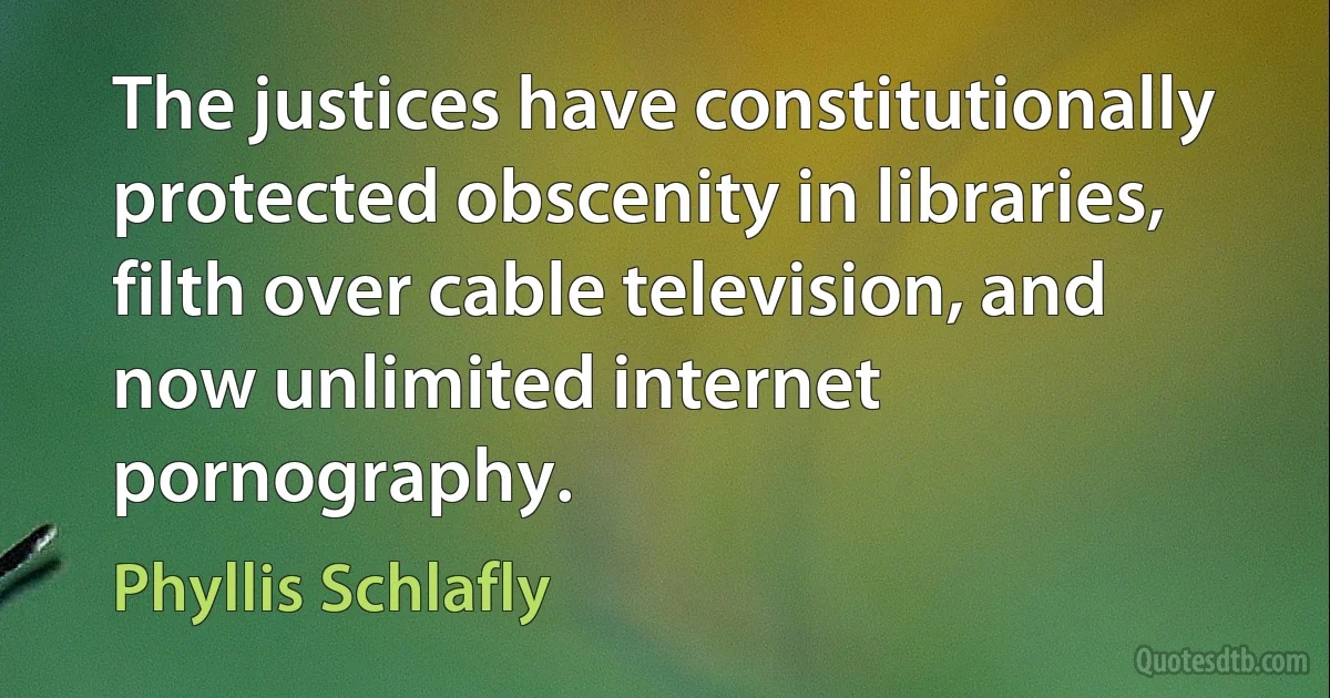 The justices have constitutionally protected obscenity in libraries, filth over cable television, and now unlimited internet pornography. (Phyllis Schlafly)