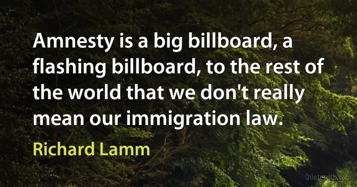 Amnesty is a big billboard, a flashing billboard, to the rest of the world that we don't really mean our immigration law. (Richard Lamm)