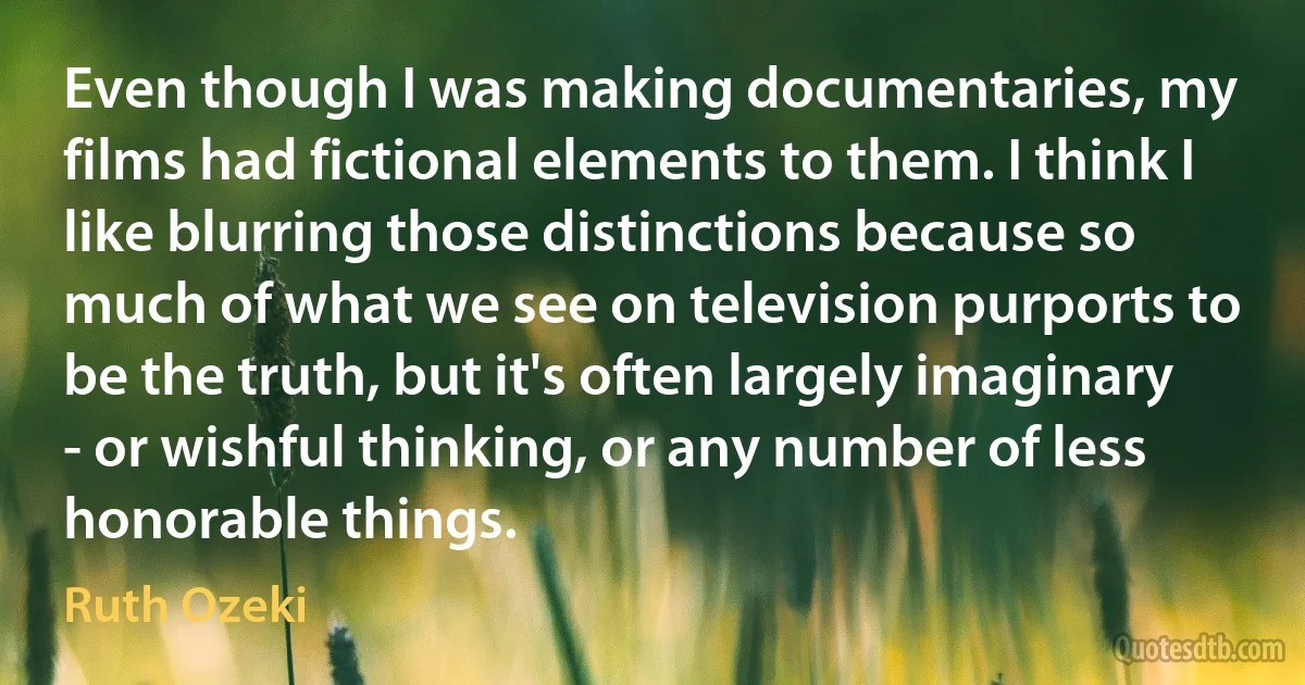 Even though I was making documentaries, my films had fictional elements to them. I think I like blurring those distinctions because so much of what we see on television purports to be the truth, but it's often largely imaginary - or wishful thinking, or any number of less honorable things. (Ruth Ozeki)