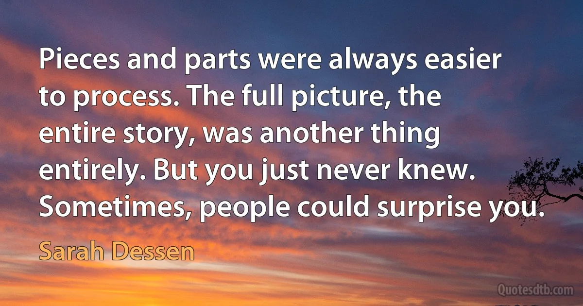 Pieces and parts were always easier to process. The full picture, the entire story, was another thing entirely. But you just never knew. Sometimes, people could surprise you. (Sarah Dessen)