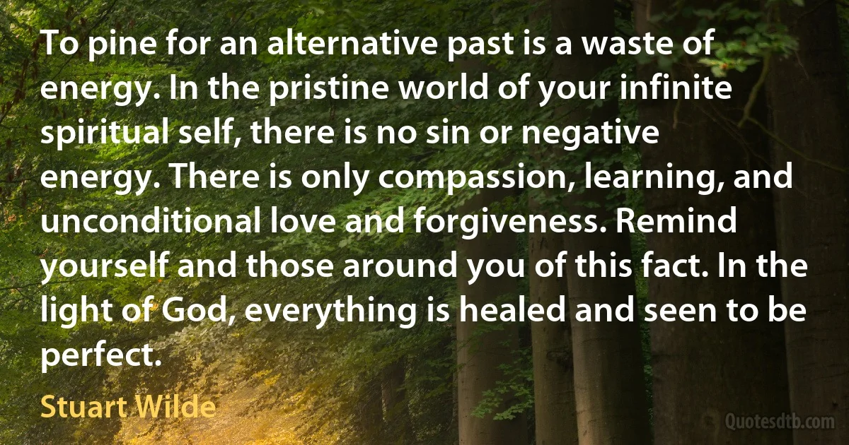 To pine for an alternative past is a waste of energy. In the pristine world of your infinite spiritual self, there is no sin or negative energy. There is only compassion, learning, and unconditional love and forgiveness. Remind yourself and those around you of this fact. In the light of God, everything is healed and seen to be perfect. (Stuart Wilde)