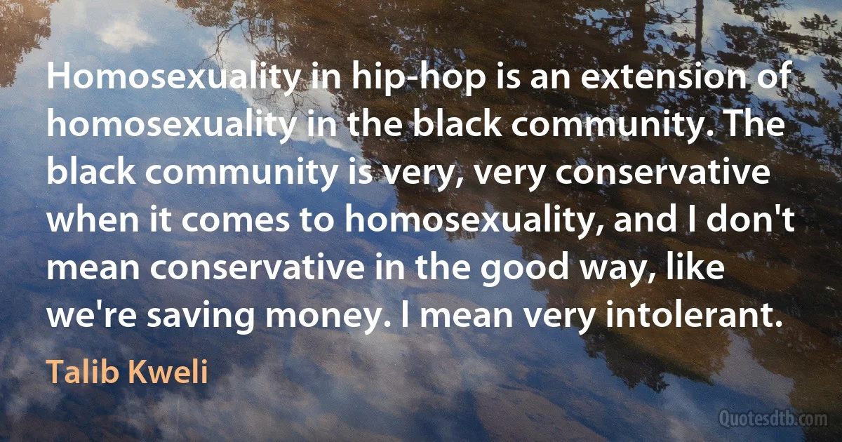 Homosexuality in hip-hop is an extension of homosexuality in the black community. The black community is very, very conservative when it comes to homosexuality, and I don't mean conservative in the good way, like we're saving money. I mean very intolerant. (Talib Kweli)