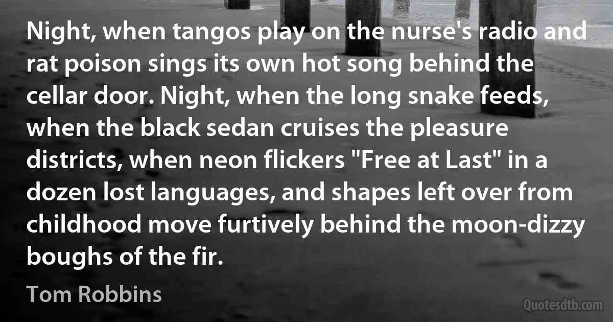 Night, when tangos play on the nurse's radio and rat poison sings its own hot song behind the cellar door. Night, when the long snake feeds, when the black sedan cruises the pleasure districts, when neon flickers "Free at Last" in a dozen lost languages, and shapes left over from childhood move furtively behind the moon-dizzy boughs of the fir. (Tom Robbins)