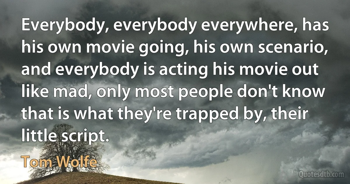 Everybody, everybody everywhere, has his own movie going, his own scenario, and everybody is acting his movie out like mad, only most people don't know that is what they're trapped by, their little script. (Tom Wolfe)