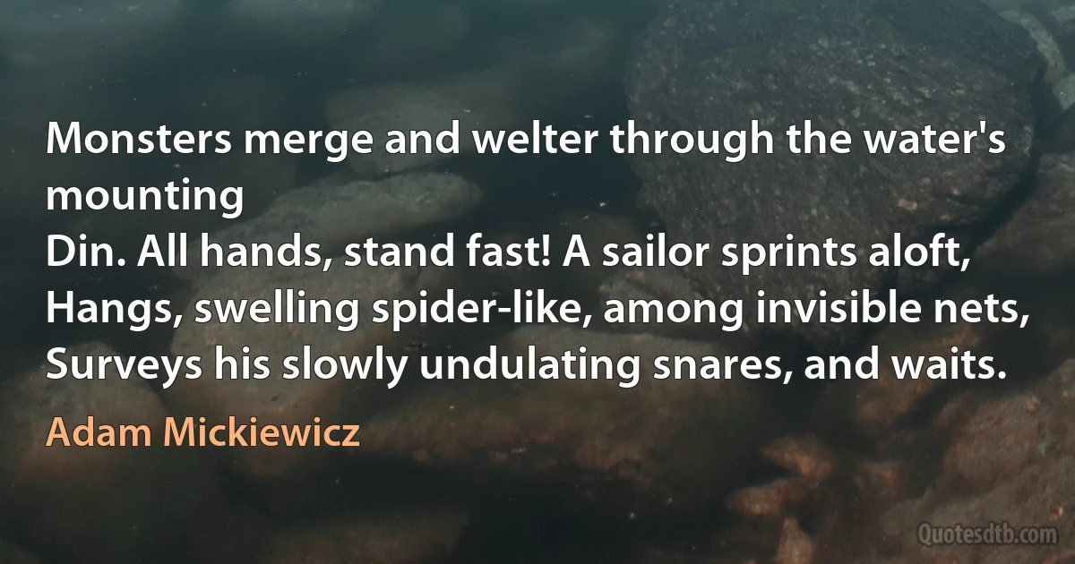 Monsters merge and welter through the water's mounting
Din. All hands, stand fast! A sailor sprints aloft,
Hangs, swelling spider-like, among invisible nets,
Surveys his slowly undulating snares, and waits. (Adam Mickiewicz)