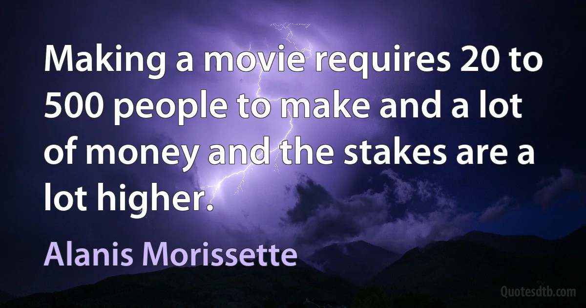 Making a movie requires 20 to 500 people to make and a lot of money and the stakes are a lot higher. (Alanis Morissette)