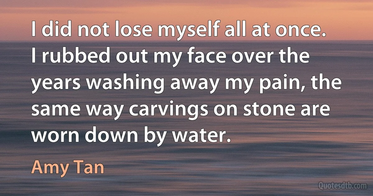 I did not lose myself all at once. I rubbed out my face over the years washing away my pain, the same way carvings on stone are worn down by water. (Amy Tan)