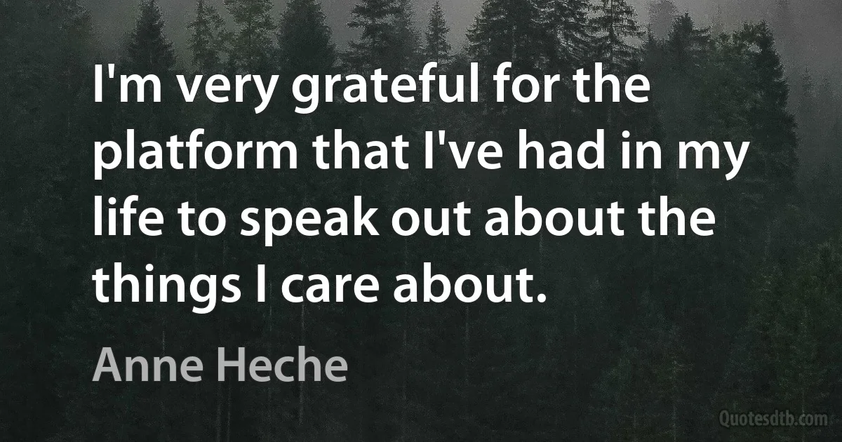 I'm very grateful for the platform that I've had in my life to speak out about the things I care about. (Anne Heche)