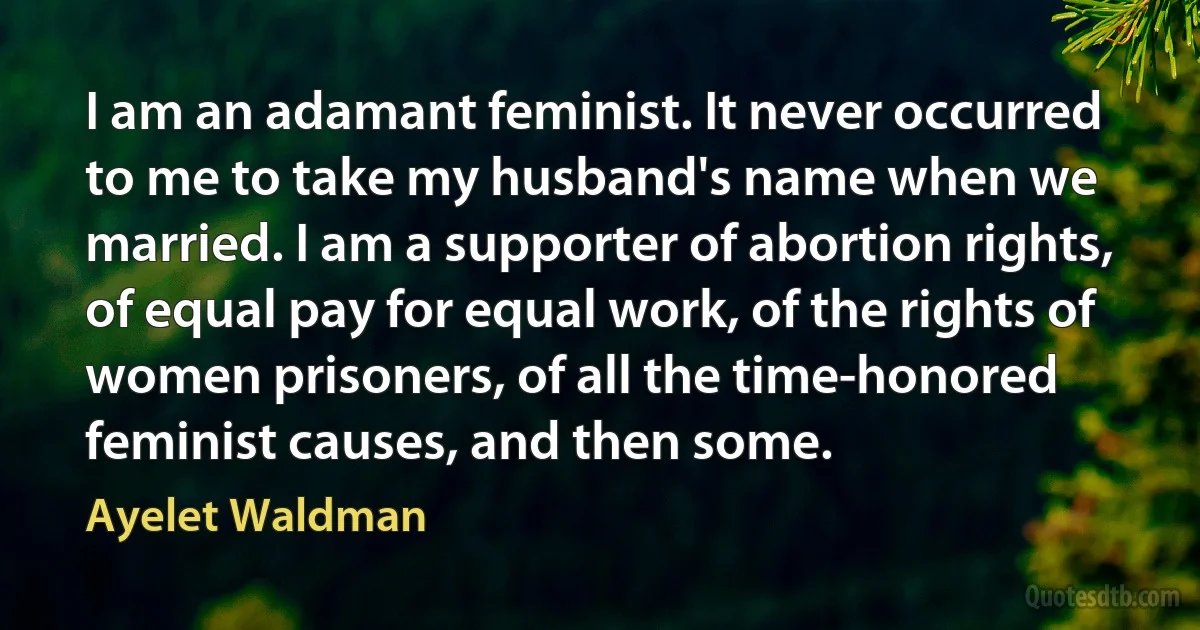 I am an adamant feminist. It never occurred to me to take my husband's name when we married. I am a supporter of abortion rights, of equal pay for equal work, of the rights of women prisoners, of all the time-honored feminist causes, and then some. (Ayelet Waldman)