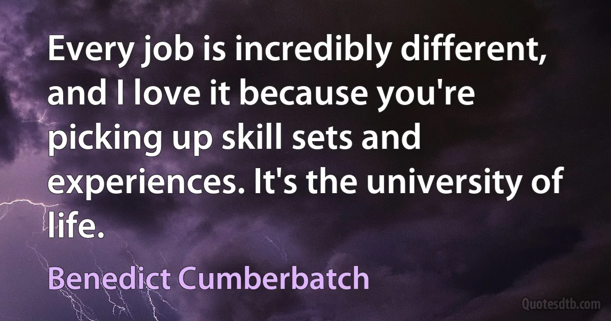 Every job is incredibly different, and I love it because you're picking up skill sets and experiences. It's the university of life. (Benedict Cumberbatch)