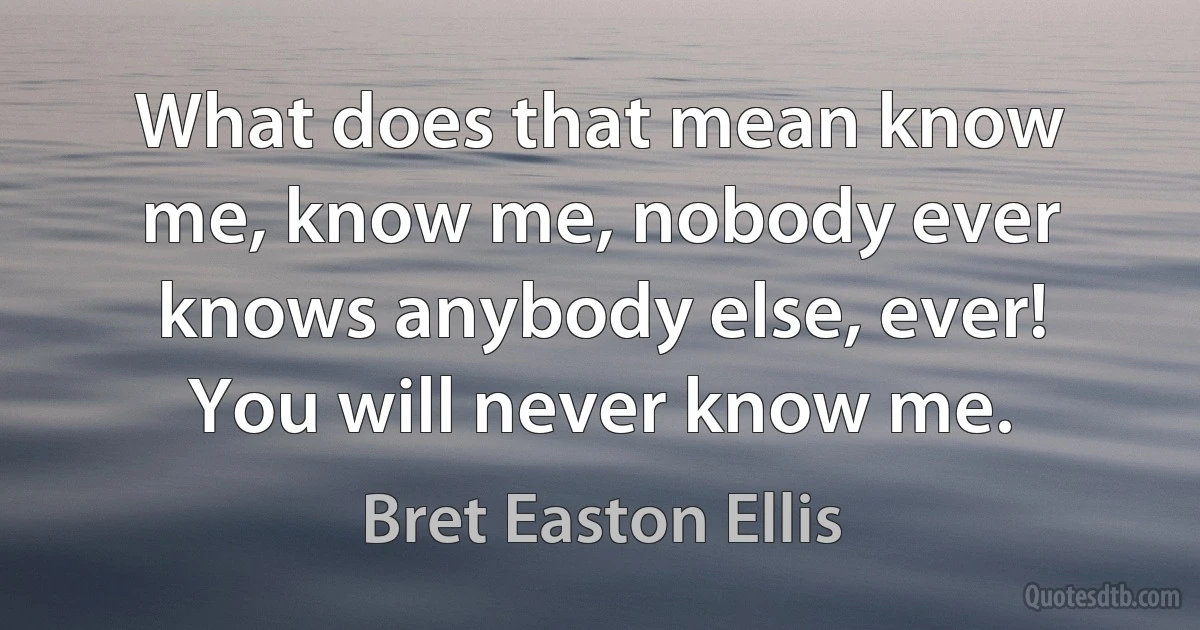 What does that mean know me, know me, nobody ever knows anybody else, ever! You will never know me. (Bret Easton Ellis)