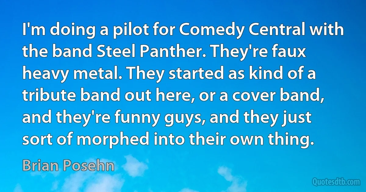 I'm doing a pilot for Comedy Central with the band Steel Panther. They're faux heavy metal. They started as kind of a tribute band out here, or a cover band, and they're funny guys, and they just sort of morphed into their own thing. (Brian Posehn)