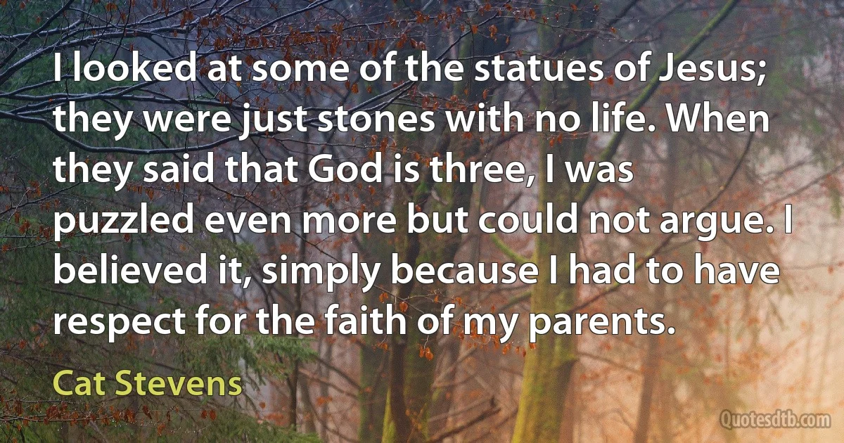 I looked at some of the statues of Jesus; they were just stones with no life. When they said that God is three, I was puzzled even more but could not argue. I believed it, simply because I had to have respect for the faith of my parents. (Cat Stevens)