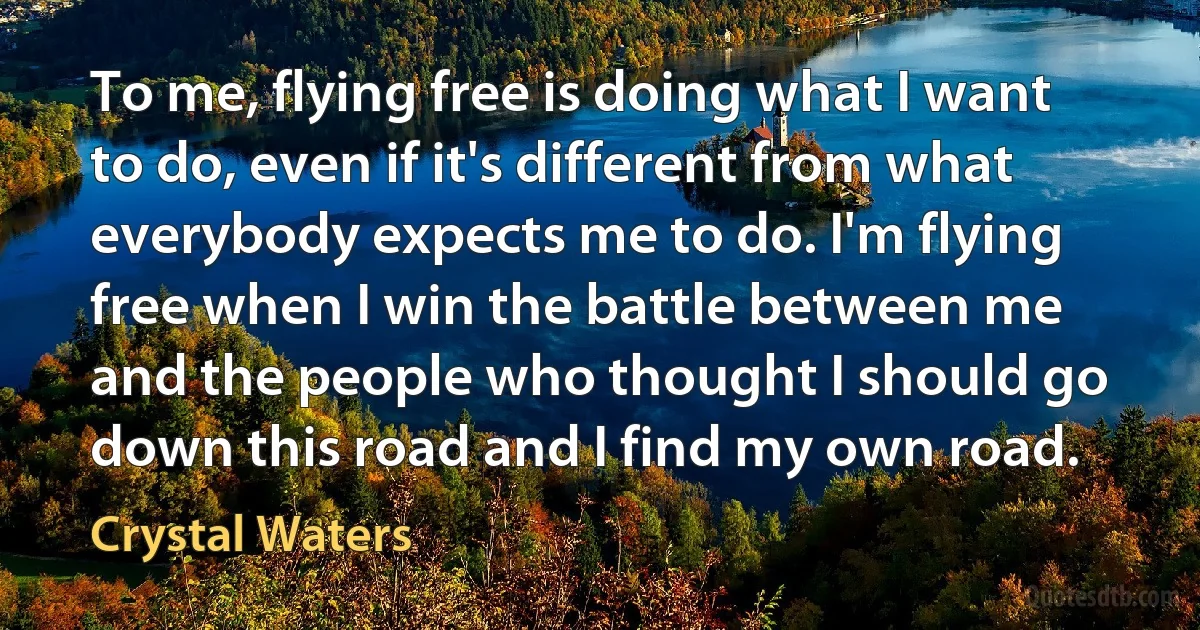 To me, flying free is doing what I want to do, even if it's different from what everybody expects me to do. I'm flying free when I win the battle between me and the people who thought I should go down this road and I find my own road. (Crystal Waters)