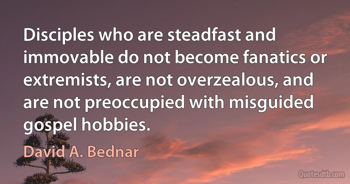 Disciples who are steadfast and immovable do not become fanatics or extremists, are not overzealous, and are not preoccupied with misguided gospel hobbies. (David A. Bednar)