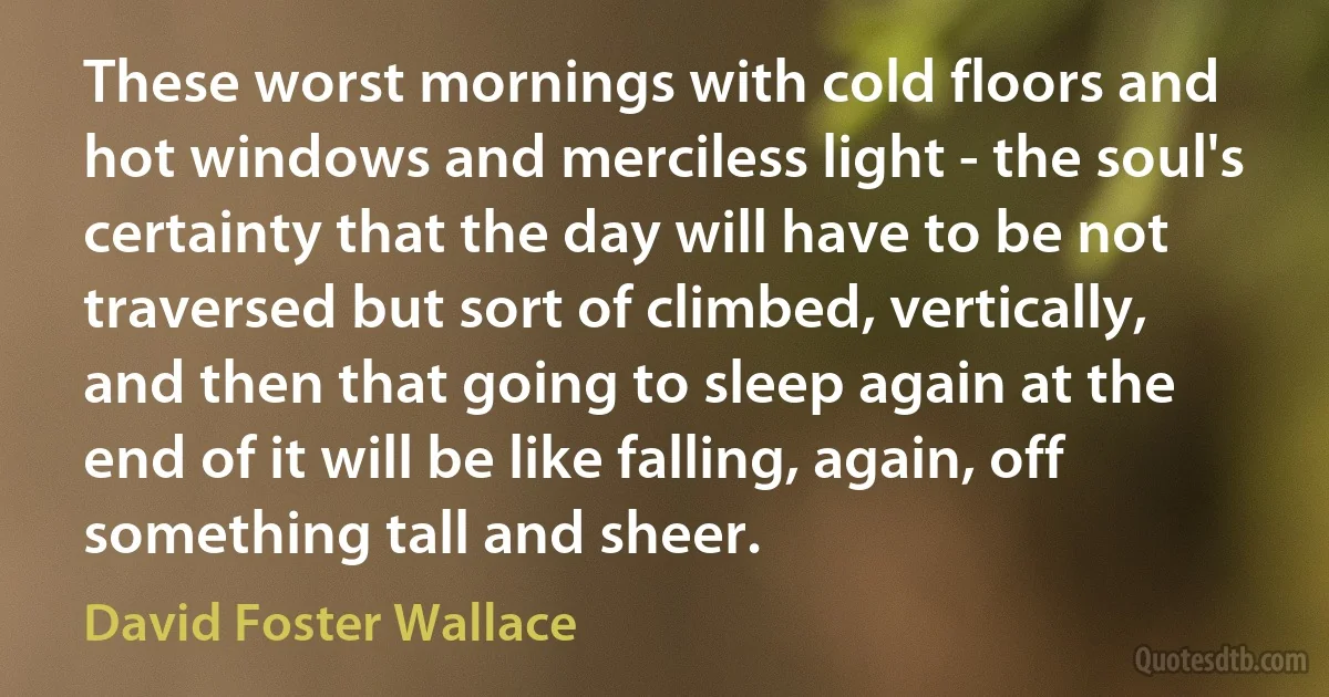 These worst mornings with cold floors and hot windows and merciless light - the soul's certainty that the day will have to be not traversed but sort of climbed, vertically, and then that going to sleep again at the end of it will be like falling, again, off something tall and sheer. (David Foster Wallace)